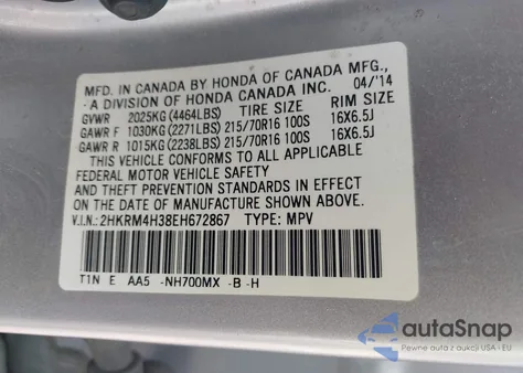 2014 Honda Cr-V Lx z USA, uszkodzony, nr VIN 2HKRM4H38EH672867